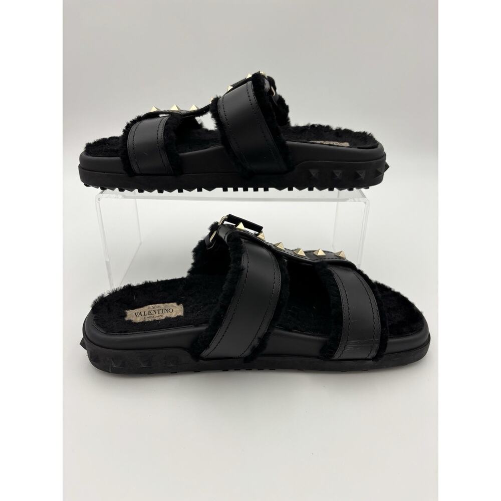 Authentic Valentino Rockstud Fur Lined Slides Dad Sandals Black Leather Size 38 - Picture 14 of 14